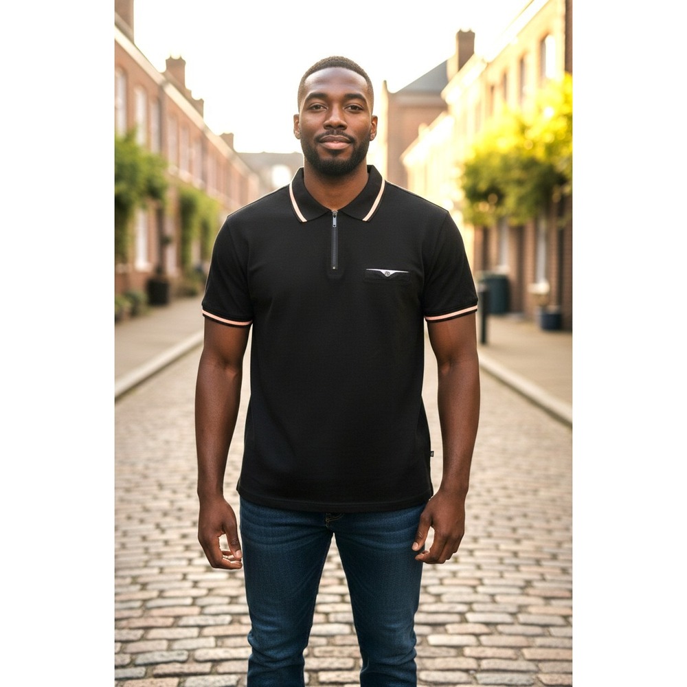 Asher Jones London Mens‎ Black Polo Shirt Quarter Zip Short Sleeve XL